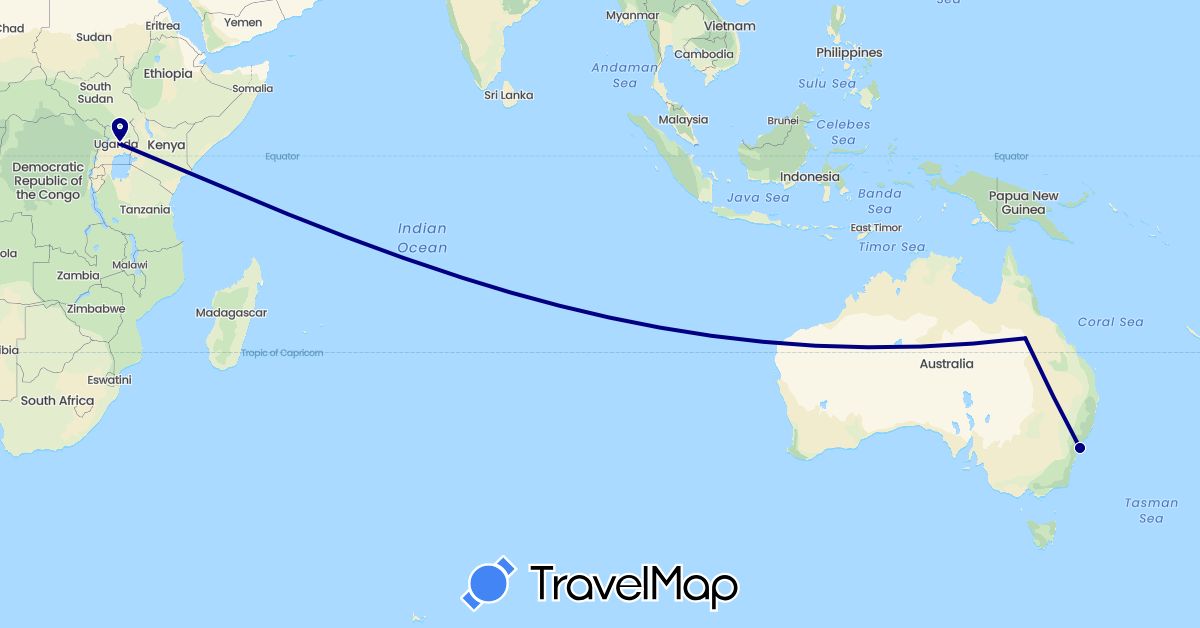 TravelMap itinerary: driving in Australia, Uganda (Africa, Oceania)